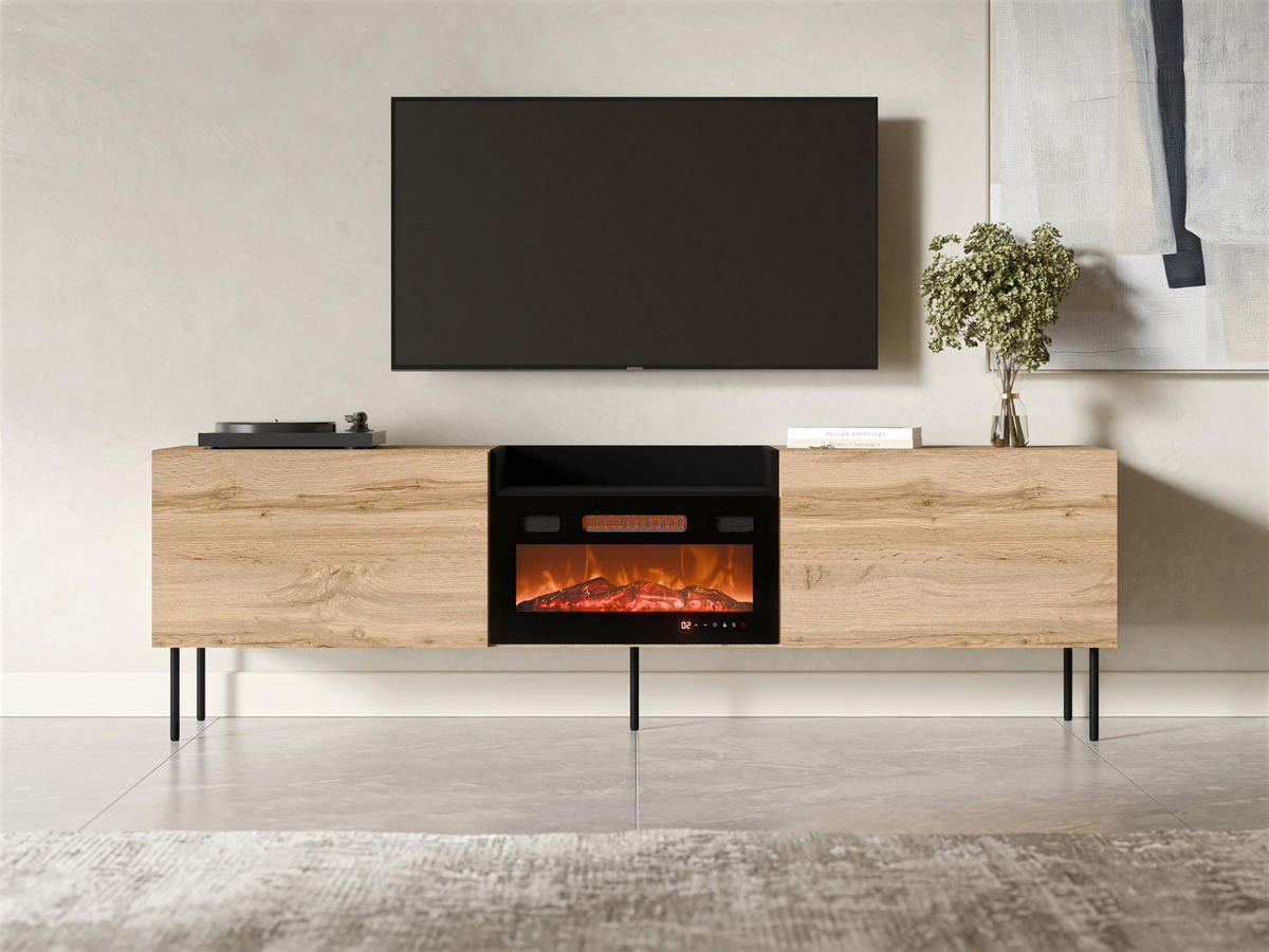 TV-LOWBOARD Kanton mit Kamin - Eiche Wotan/Schwarz, Holzwerkstoff/Metall (200/61/41cm) - MIRJAN24