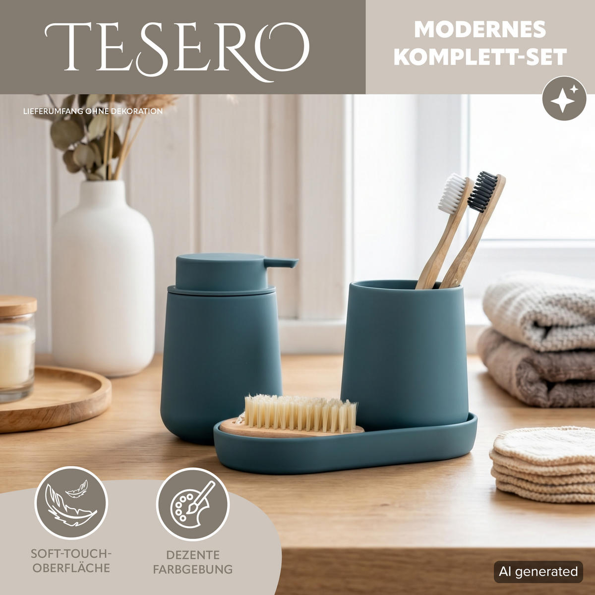 BAD-ACCESSOIRES-SET TESERO 3tlg., Soft-Touch, blau - Blau, Kunststoff (8.5/12/9cm) - eluno