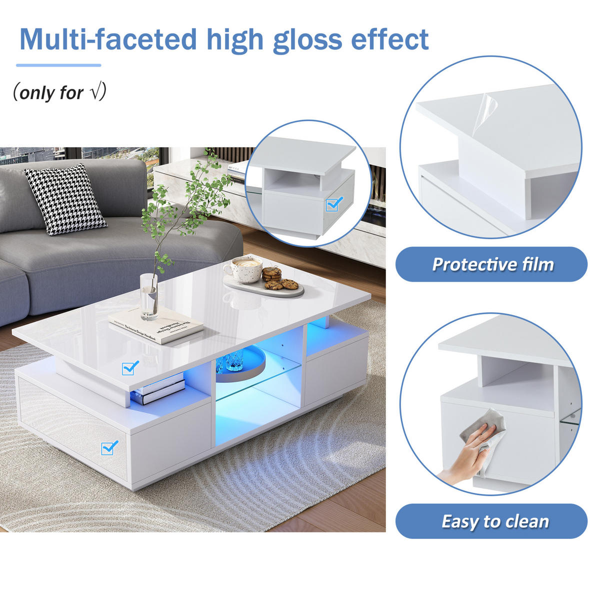 COUCHTISCH 100/50/36 cm Weiß aus Spanplatte mit 2 Schubladen und LED-Beleuchtung - Weiß, Holzwerkstoff (100/50/36cm) - OKMYHOME