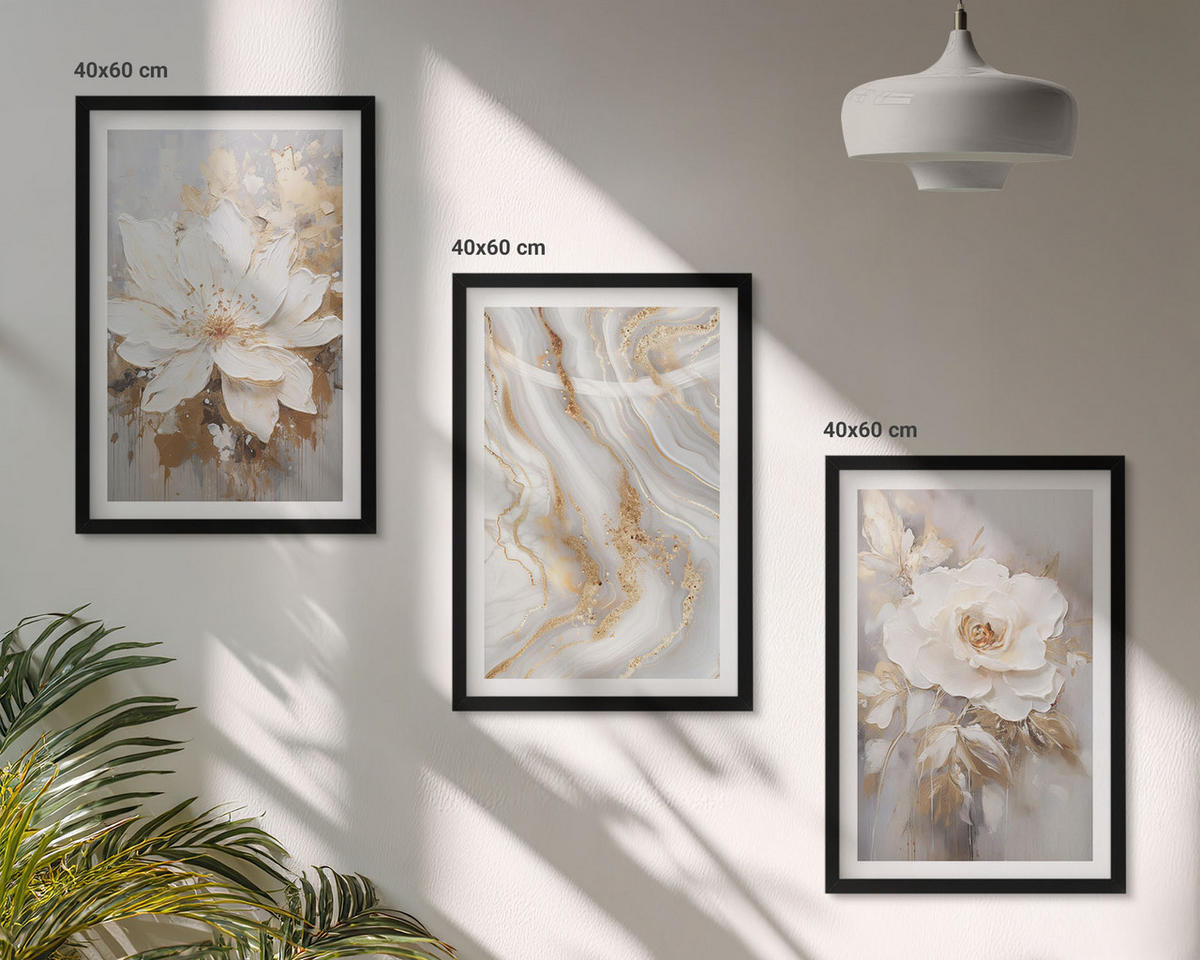 BILDER SET 3er Set - 40x60 cm Schwarzer Rahmen - Abstrakte Blumen aus Marmor - Schwarz, Kunststoff (40/60cm) - TULUP