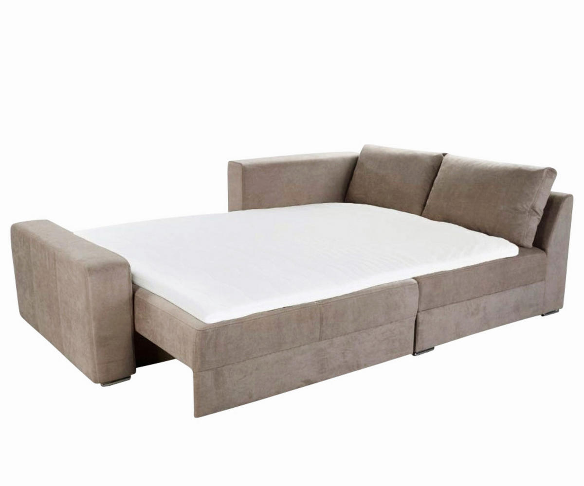 ECKSOFA-DAUERSCHLÄFER Boxspring Federkern Topper Bettkasten, seitenverkehrt montierbar B260/T181/H88 cm, Mikrofaser in Hellbraun / 15108 - Hellbraun/Chromfarben, Textil/Metall (260/181cm) - luma-home