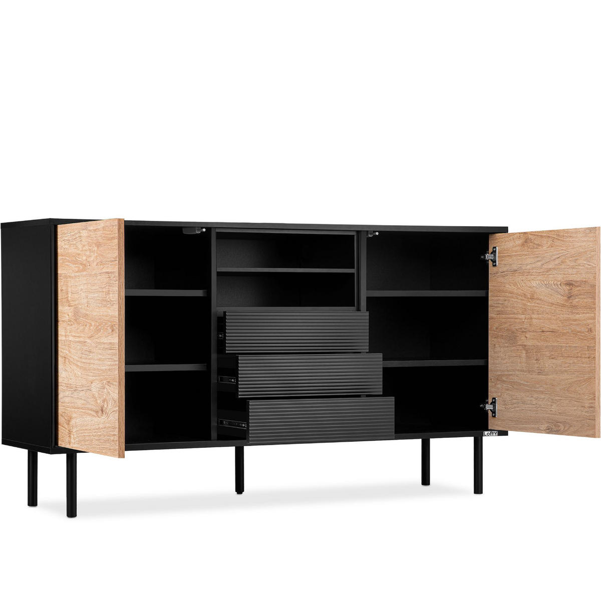 KOMMODE LOFTY TV/HiFi-Einlage, schwarz / Eiche natur - Eichefarben/Schwarz, Holzwerkstoff (151/84/41cm) - KONSIMO®