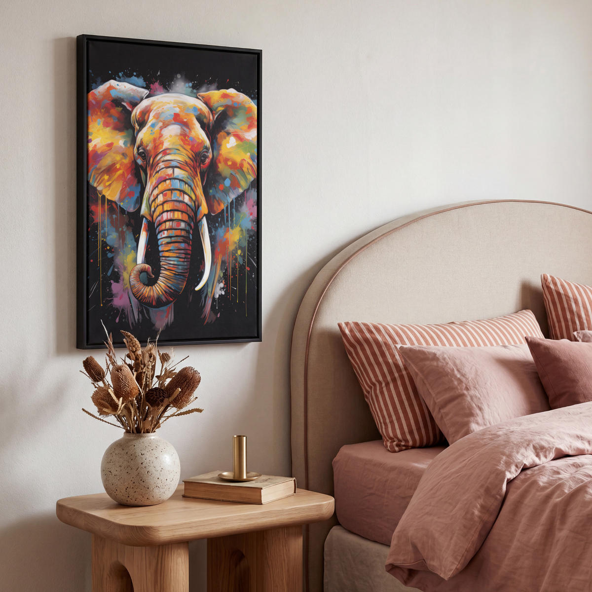 LEINWAND Bilder mit Rahmen - Elefant - Graffiti - Schwarz - Tiere - Farben - 40x60 - Schwarz, Textil (40/60cm) - MuchoWow