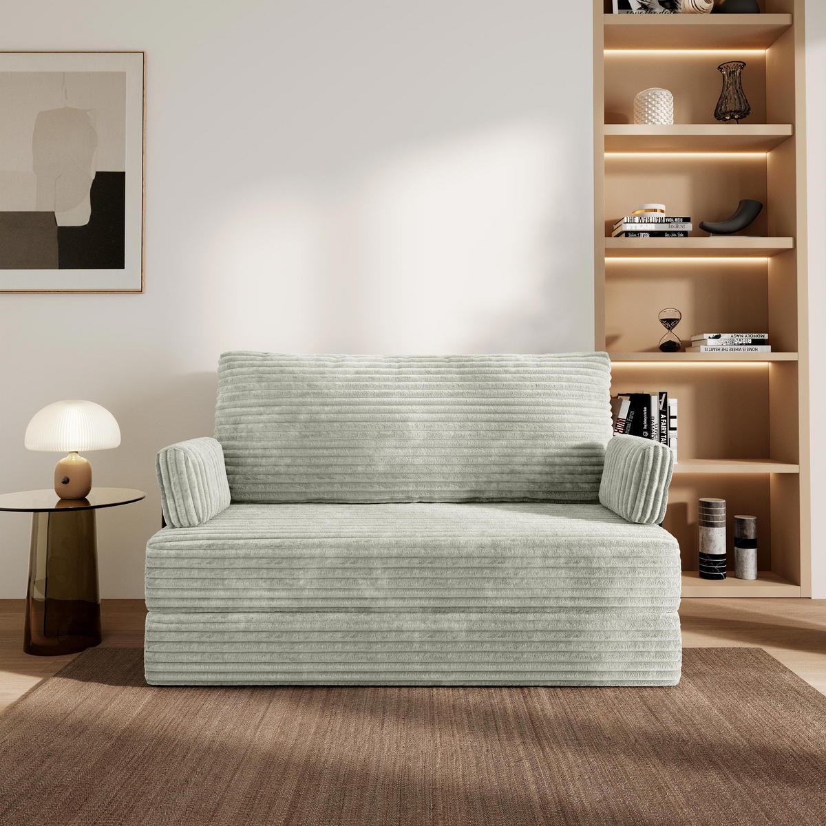 BETTSOFA LADIA aus Schaumstoff Cordstoff Hellgrau Schlaffunktion - Hellgrau, Textil (140/86/60cm) - MASSENO