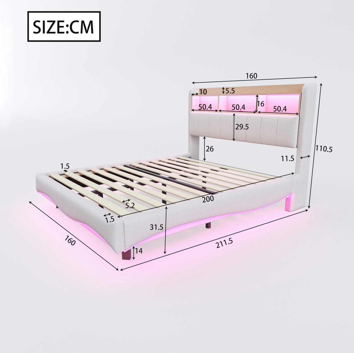 POLSTERBETT mit Stauraum, LED und USB 160x200 cm Beige - Beige, Metall (160/200cm) - Meubliv
