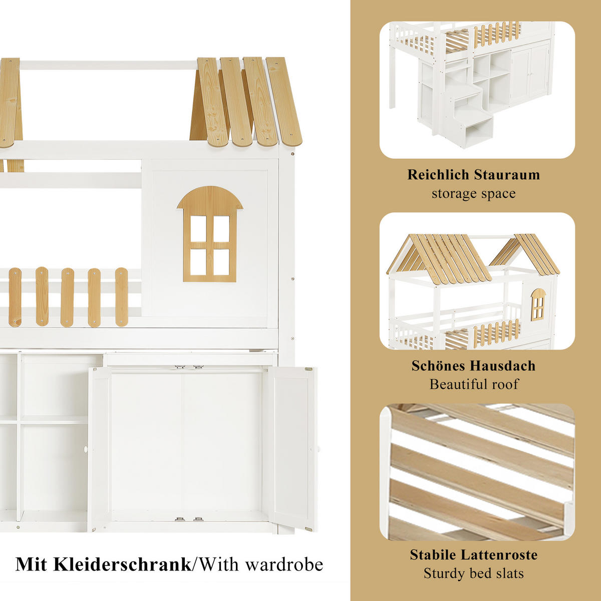 ETAGENBETT 90/200 cm in Weiß & Natur mit Regal, Schrank und Treppe - Weiß/Naturfarben, Holz/Holzwerkstoff (90/200cm) - WISHDOR