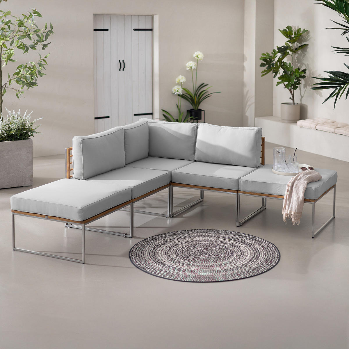 LOUNGESET - 5-teilig - Webstoff / Teak massiv - Hellgrau, Holz/Textil - home24