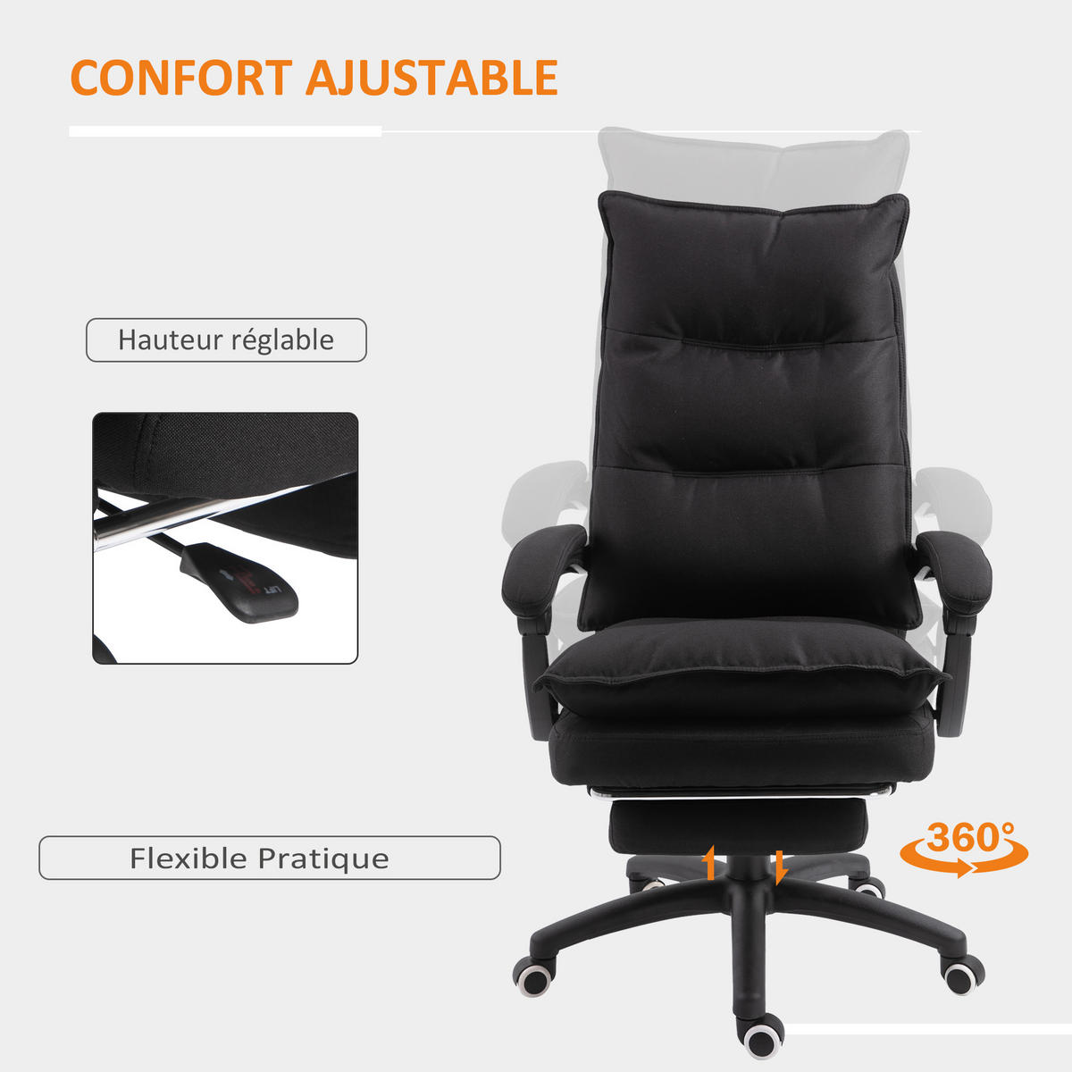 CHEFSESSEL DE-11655 ergonomisch mit Massagefunktion & Fußstütze Schwarz - Schwarz, Textil (62/130/70cm) - ComfortXL