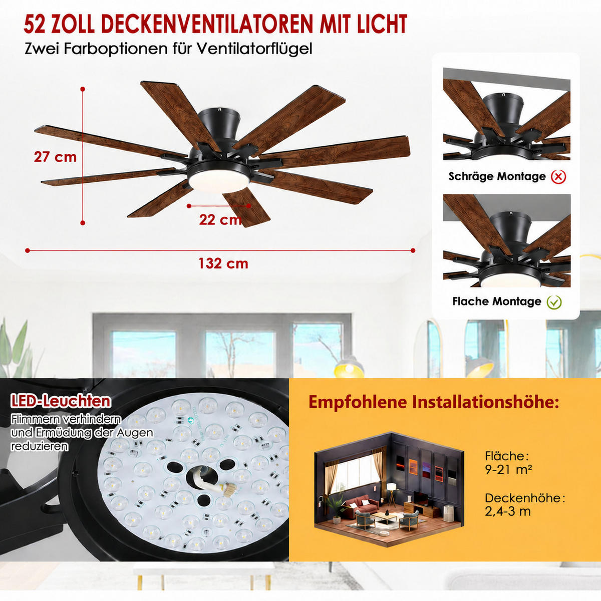 DECKENVENTILATOR Braun 132 cm mit 8 Flügeln, LED und leisem DC-Motor - Braun, Metall (132/132/27cm) - Surtime