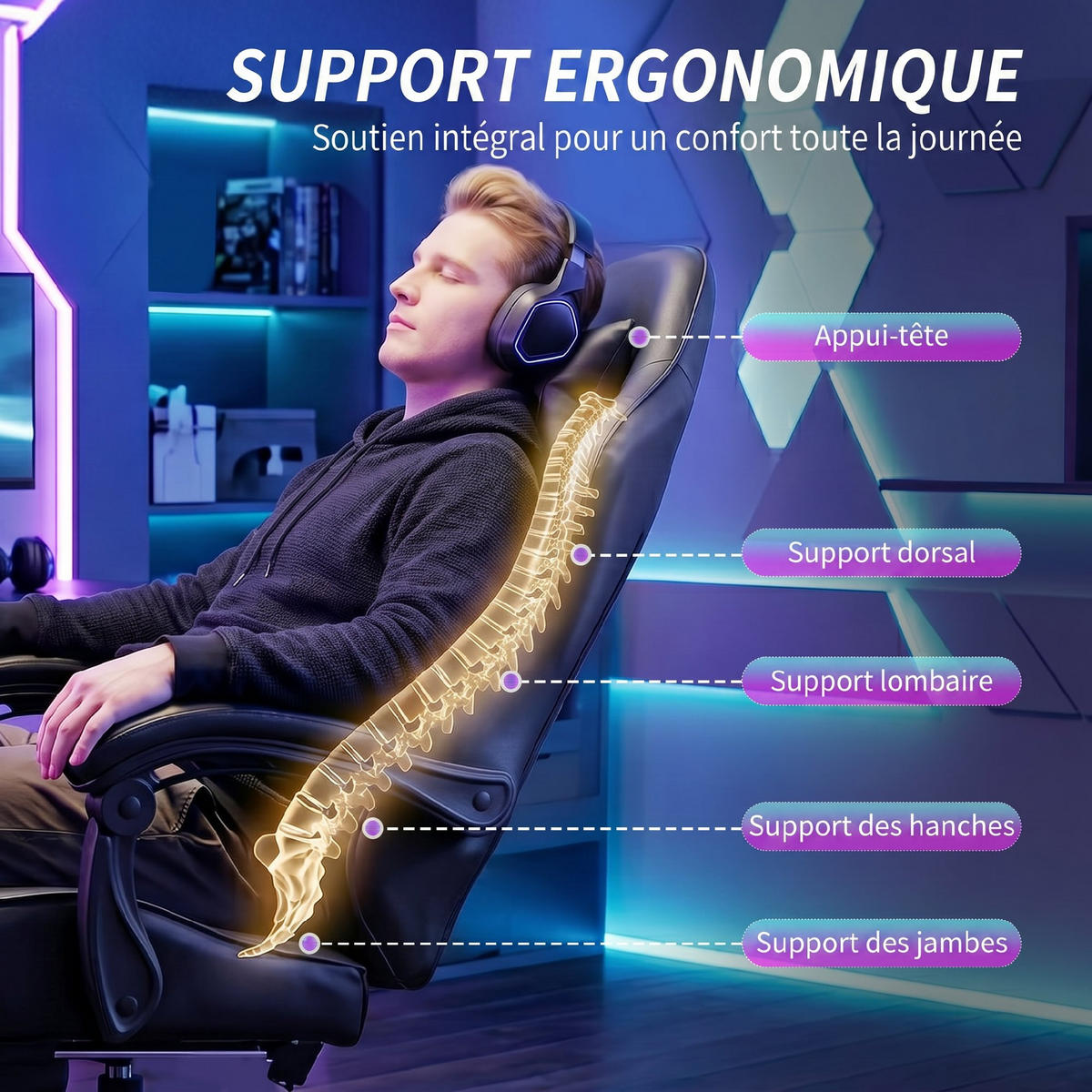 GAMINGSTUHL DE-11867 mit USB-Massage & 155° Neigung Schwarz - Schwarz, Metall (63/134/66cm) - ComfortXL
