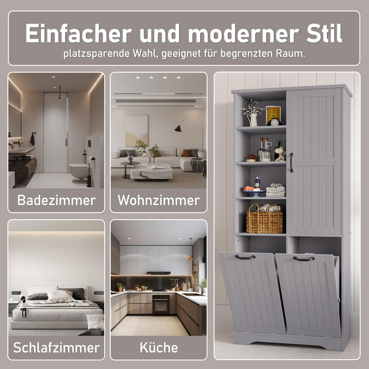 HOCHSCHRANK (Bad) Grau mit Doppel-Wäschekorb - Grau, Holzwerkstoff (78/172.7/35cm) - Urban Meuble