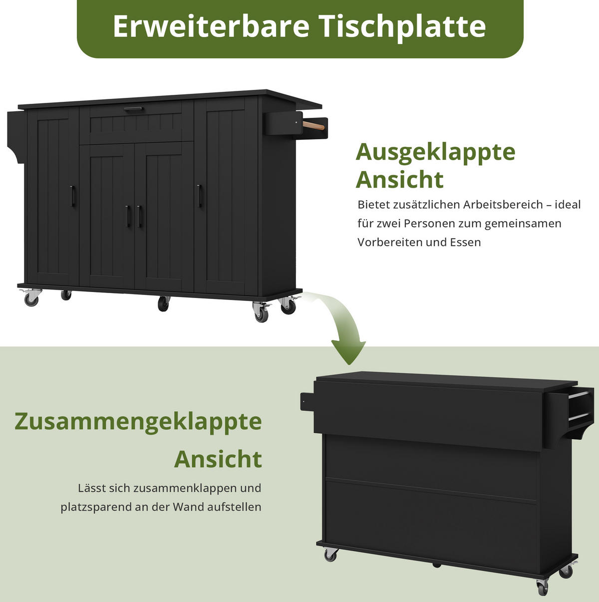KÜCHENINSEL 120/45(70)/95 cm aus MDF mit klappbarer Arbeitsplatte Schwarz - Schwarz, Holzwerkstoff (120/95/70cm) - Modenvie