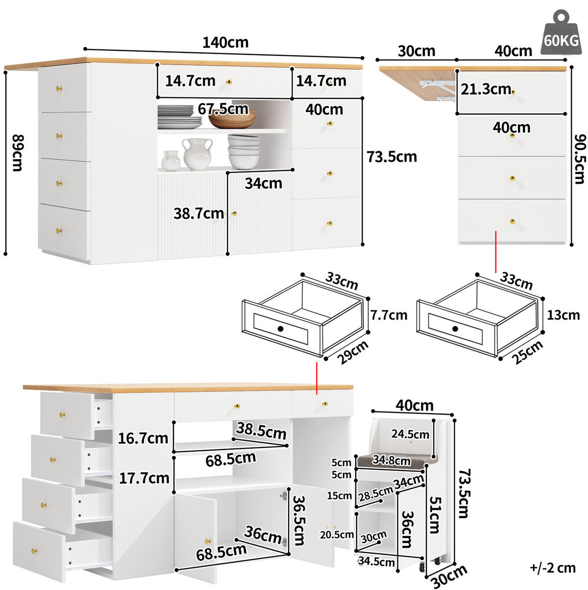 KUCHYNSKÝ ostrovček 140/40(70)/89 cm biely z MDF a kovu so 6 zásuvkami a taburetom - biela, kompozitné drevo (140/89/70cm) - OKWISH
