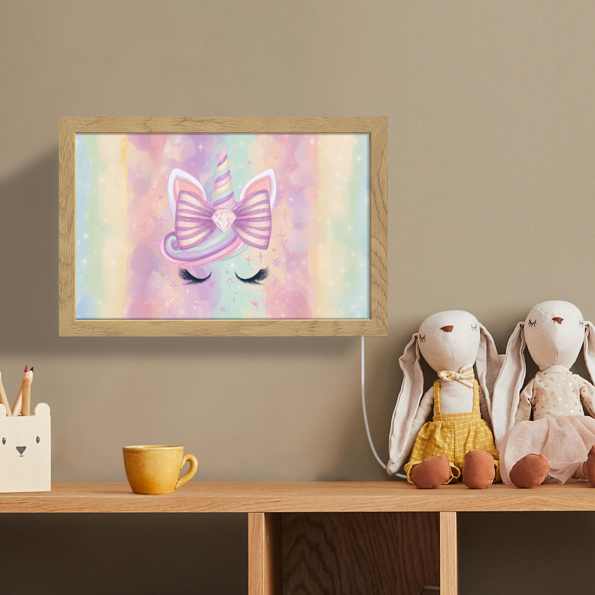 NÁSTĚNNÁ LAMPA Jednorožec - Třpytky - Duha - Pastelové barvy 30x20 cm - světle růžová, kompozitní dřevo (30/20/8cm) - OnlyWow
