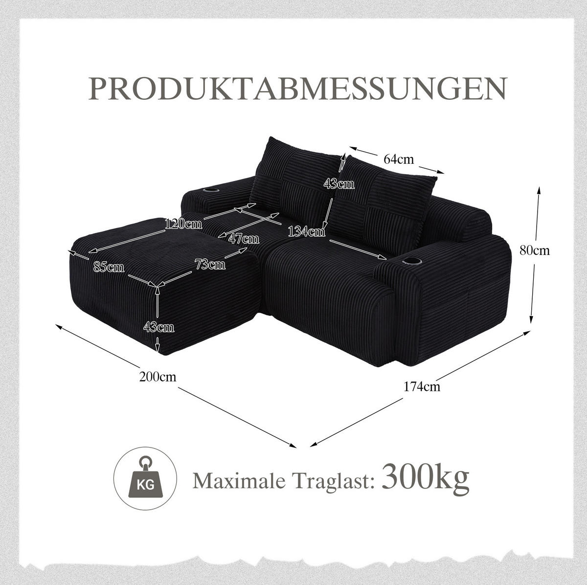 MODULARES 2-Sitzer Cordsofa mit Hocker Getränkehalter und Seitentasche 200/174/80 cm Schwarz - Schwarz, Textil (174/200cm) - Redom