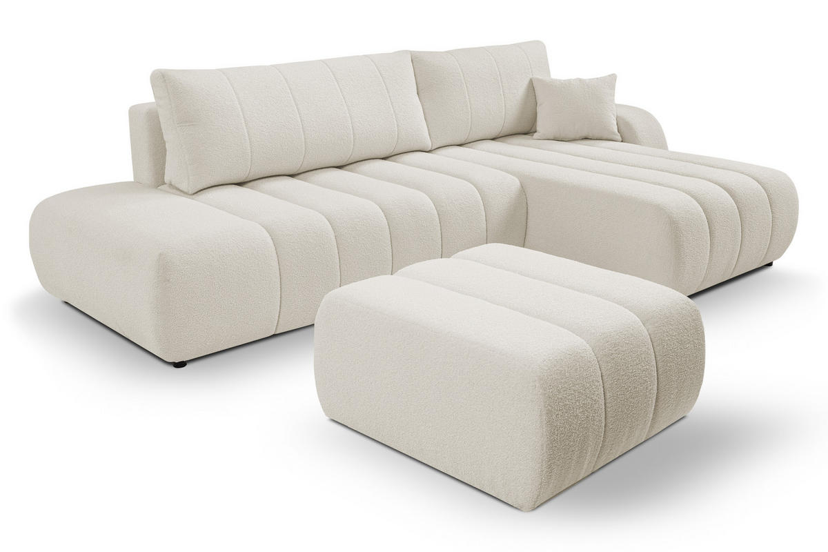 ECKSOFA Baloo mit Schlaffunktion und Bettkasten, komfortable Polsterung, Stoffbezug, lose Rückenkissen, freistehend, RECHTS, 276x176x88 cm, White - Weiß, Holz/Textil (276/176cm) - DomoHome