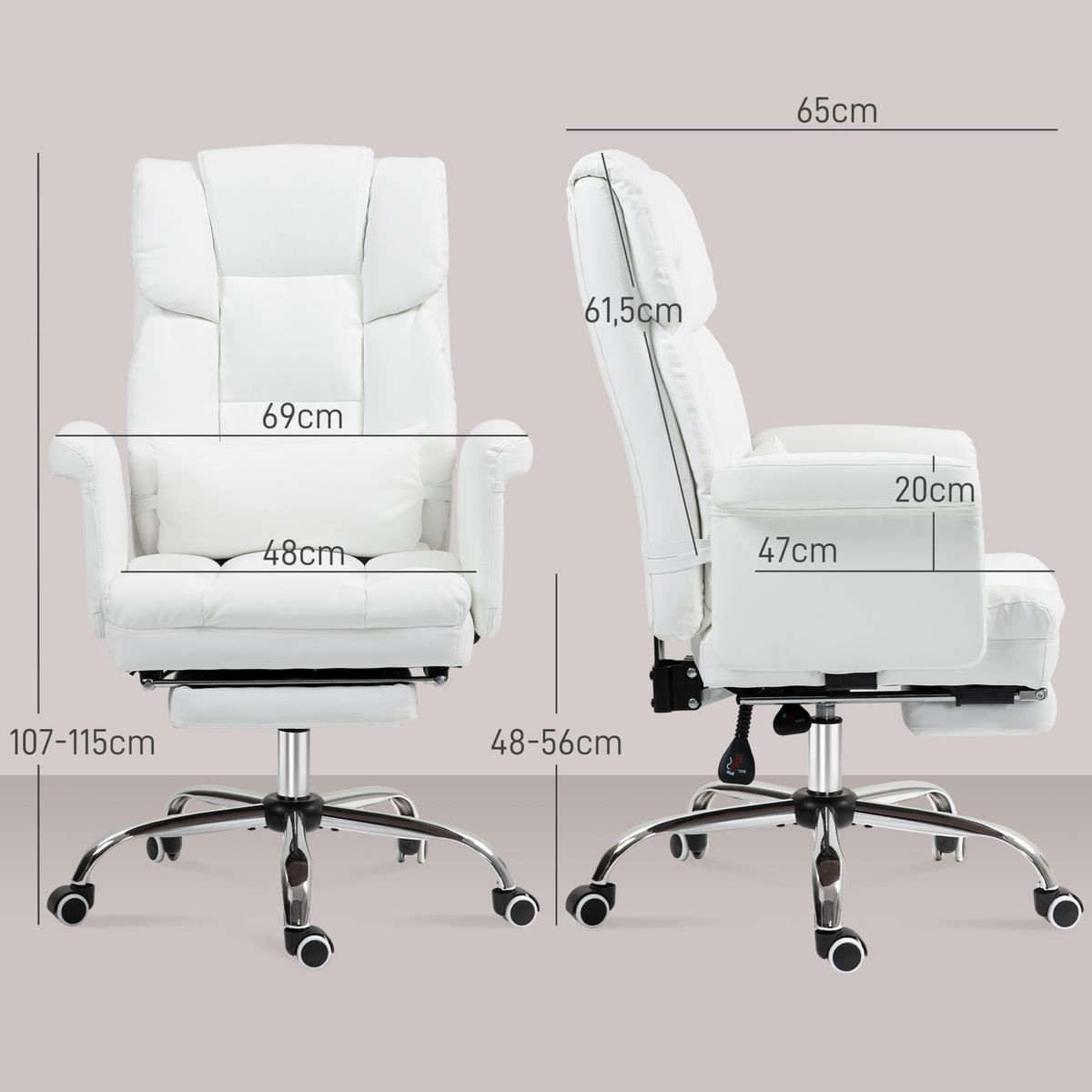 BÜROSTUHL ergonomisch höhenverstellbar Weiß mit Fußstütze - Weiß, Metall (65/115/69cm) - Meubliv