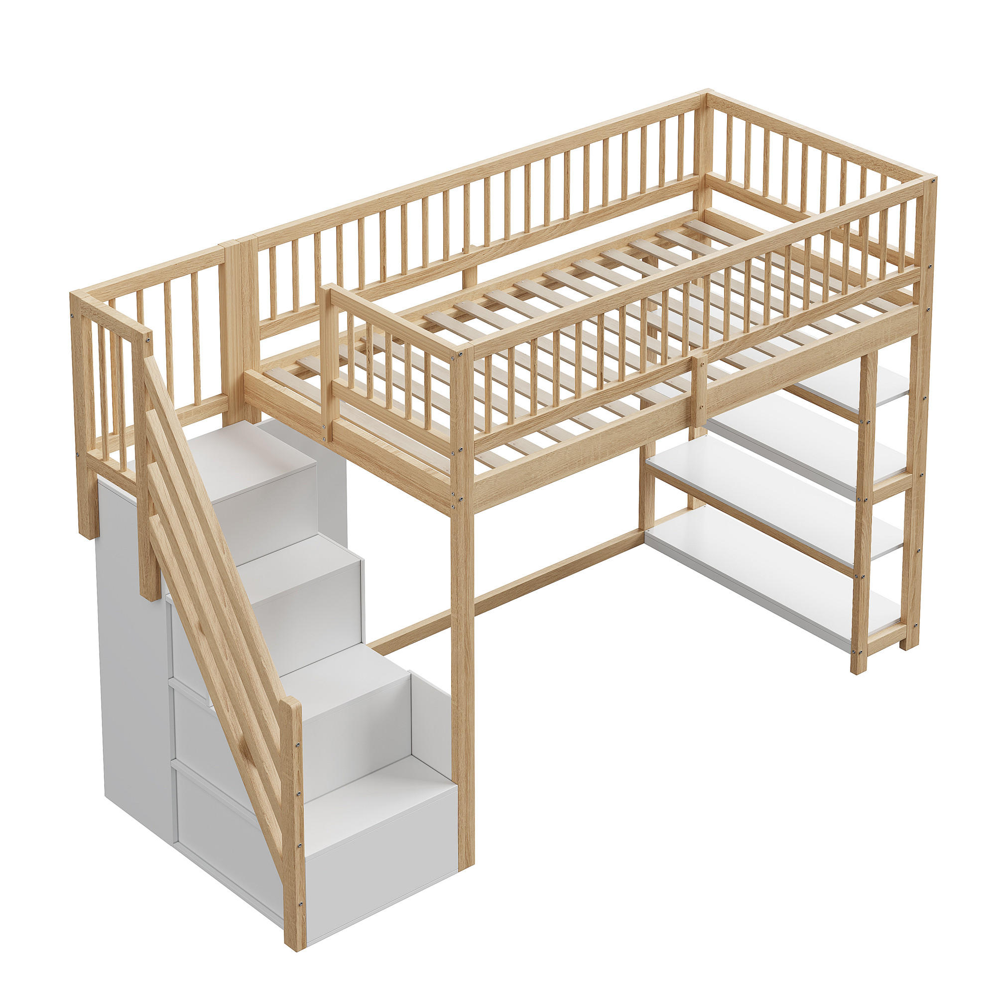 HOCHBETT 90/200 cm DE-01565, in Holzfarbe, mit Kleiderschrank, Regal und Stauraumleiter - Naturfarben, Holz (90/200cm) - ComfortXL