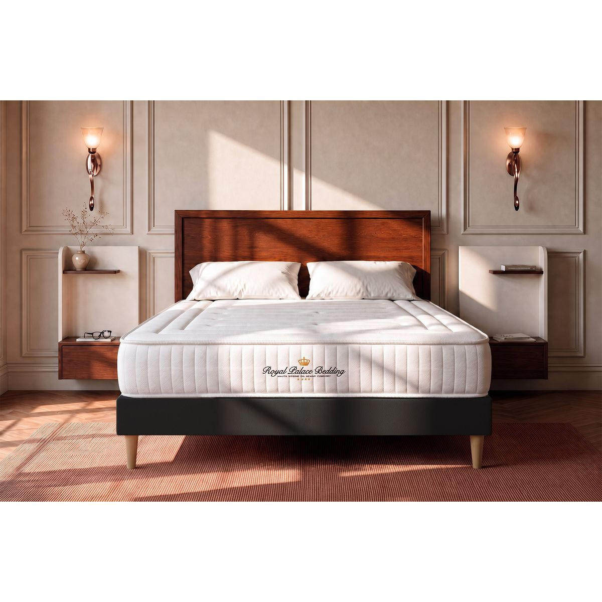 BETT Lancaster Taschenfederkern und Memory-Schaum 180 x 220 cm h3 - Kit Bettgestell Schwarz - Beige/Schwarz, Karton/Holz (180/220cm) - ROYAL PALACE BEDDING