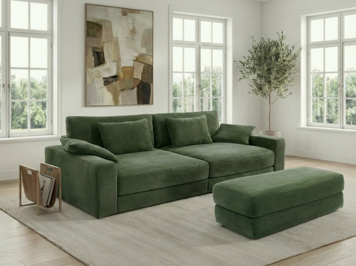 BIG-SOFA mit Federkern B290/T135/H90 cm extratief, Liegefläche 122x240 cm, Cord Grün / 15250 - Schwarz/Grün, Kunststoff/Textil (290/90/135cm) - luma-home