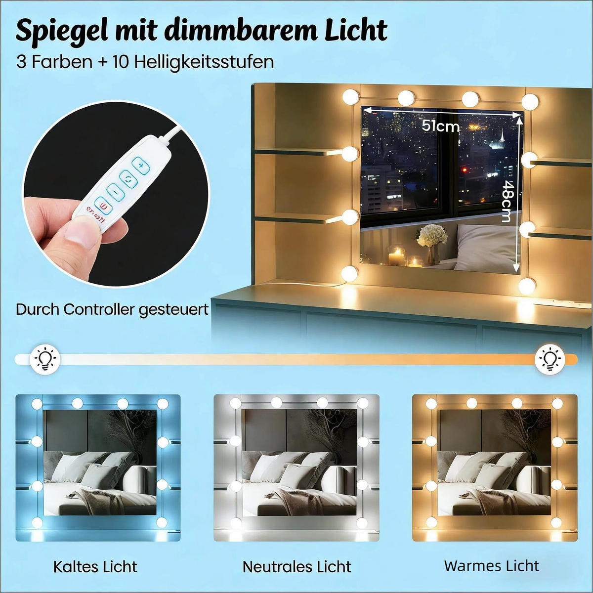 SCHMINKTISCH,BÜROTISCH mit verschiedenen Speicher Space,110*140*40 - Weiß, Glas (40/140/110cm) - Vallsero