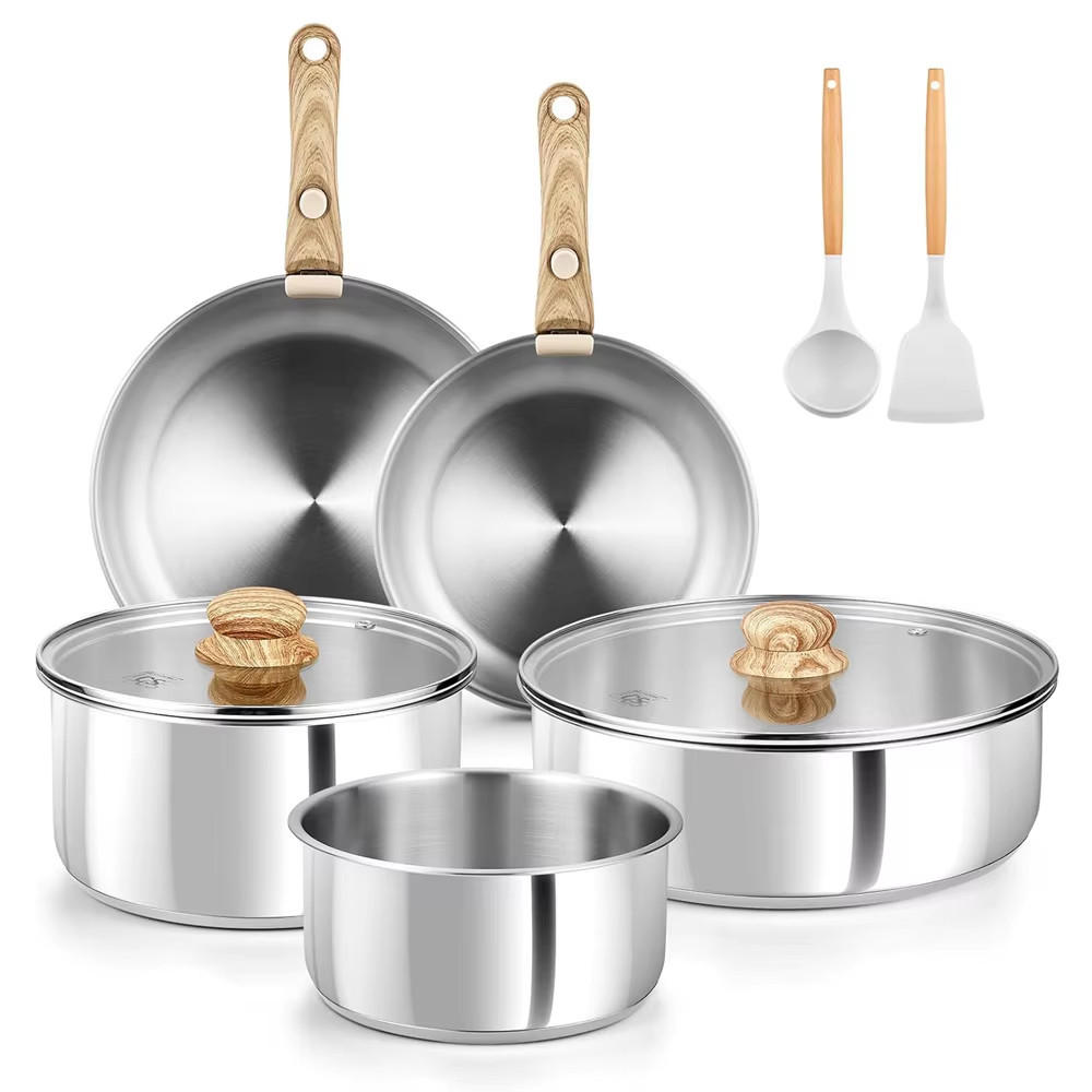 KOCHTOPFSET 11-teilig Edelstahl Abnehmbarer Griff Töpfe Pfannen Set - Silberfarben, Metall - Bextcok