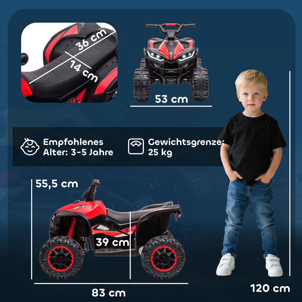 ELEKTRO Quad für Kinder, 12V Kinder Quad mit USB-Anschluss, Rot - Rot, Metall (83/53/55.5cm) - HOMCOM
