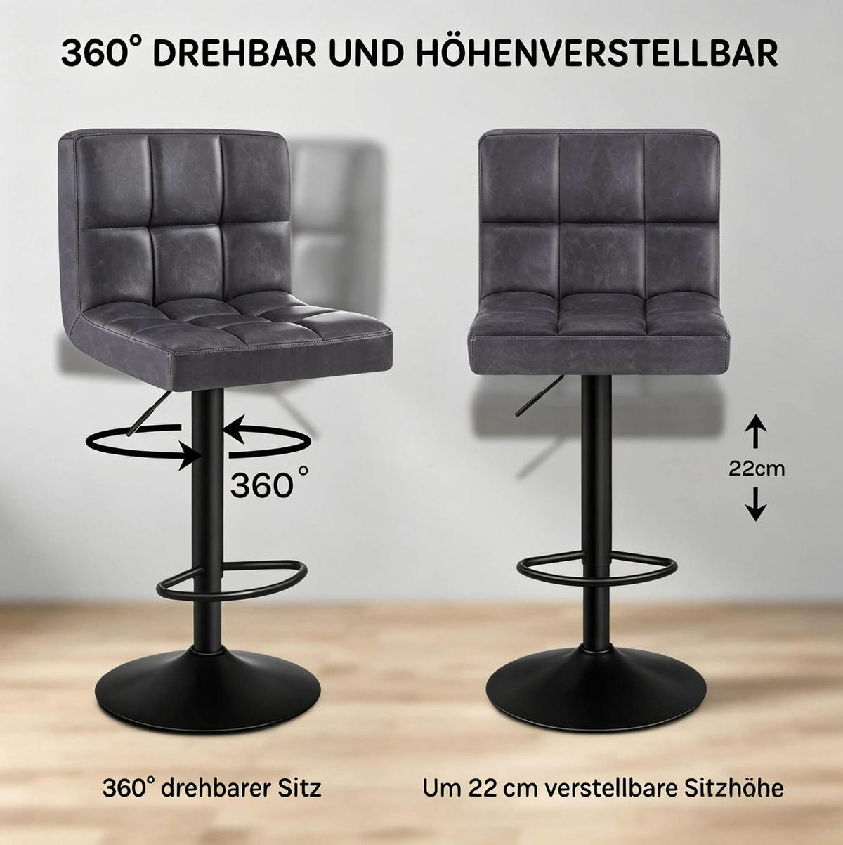 BARHOCKER drehbar höhenverstellbar 60-82 cm Kunstleder Anthrazit - Braun, Metall (44/114/38cm) - Meubliv