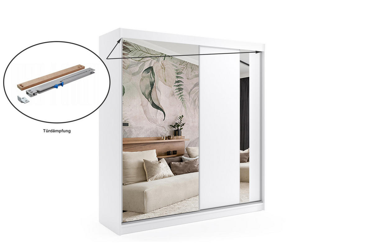 KLEIDERSCHRANK mit Spiegel-Schiebetüren und Aluminium-Leisten - GRACE - 200 cm Weiß - Weiß, Holzwerkstoff (200/216/61cm) - ALTDECOR