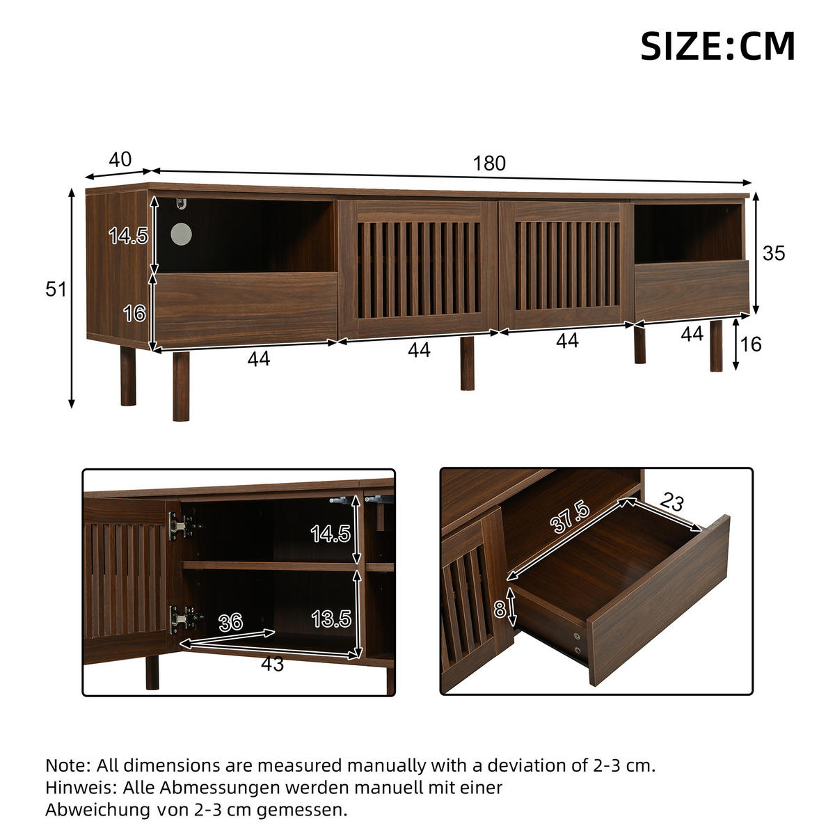 TV komoda 180/40/51 cm s rešetkastim vratima i ladicama u izgledu orahova drva - boje oraha/prirodne boje, drvni materijal (180/51/40cm) - CHICFURN