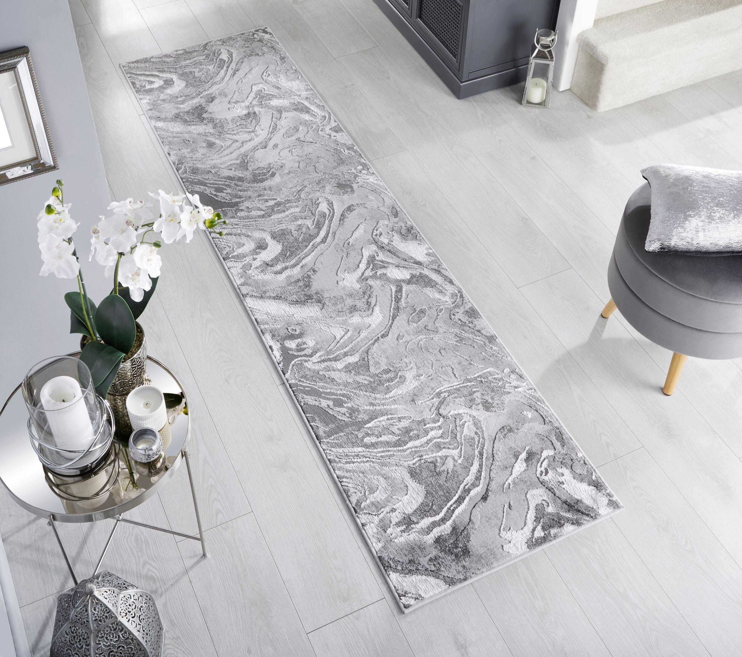 TEPPICH Marmor-Design, metallisch OUSE JOY, Silber 80x300 cm - Silberfarben, Textil (80/300cm) - KADIMA DESIGN