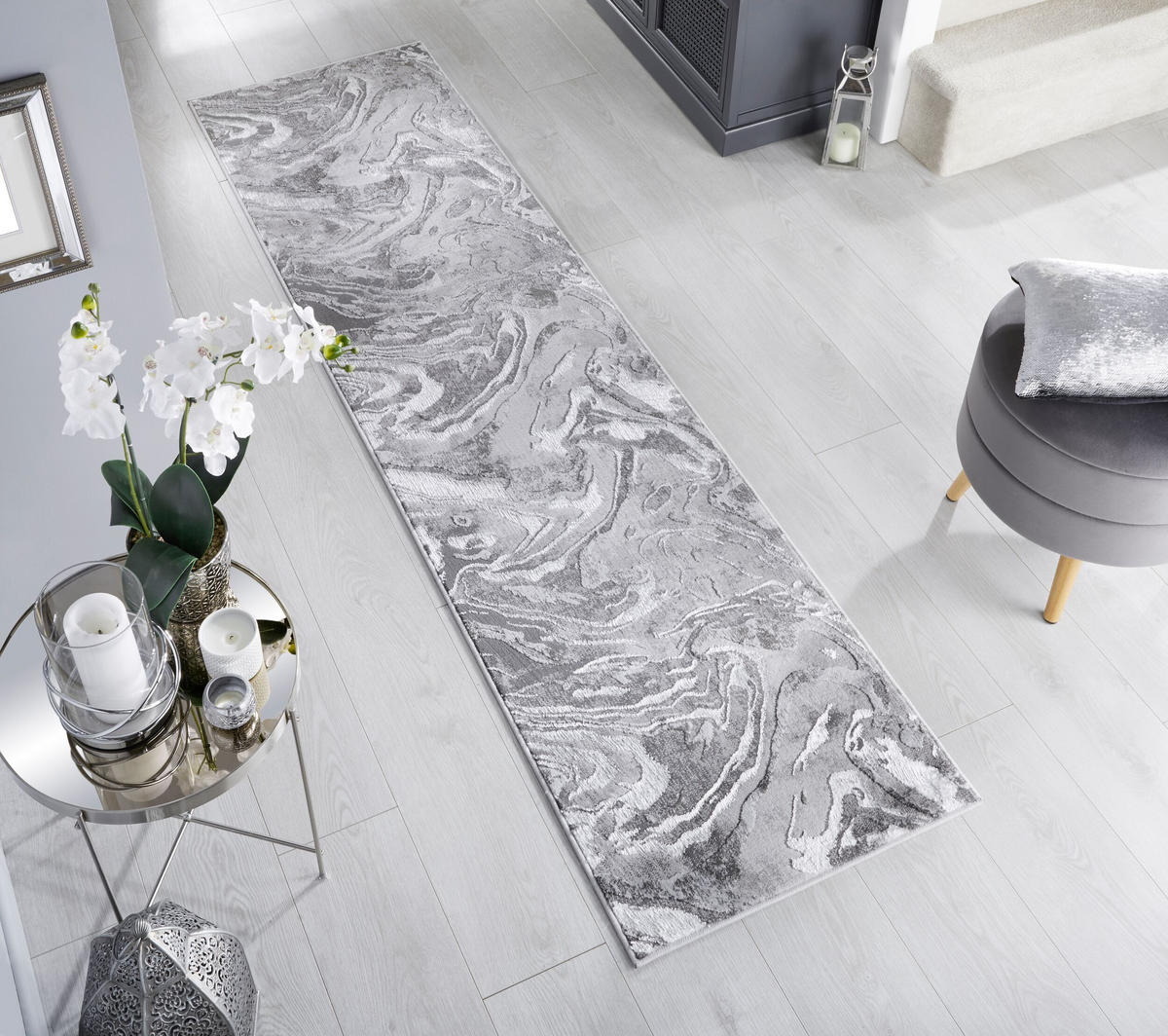 TEPPICH Marmor-Design, metallisch OUSE JOY, Silber 80x300 cm - Silberfarben, Textil (80/300cm) - KADIMA DESIGN
