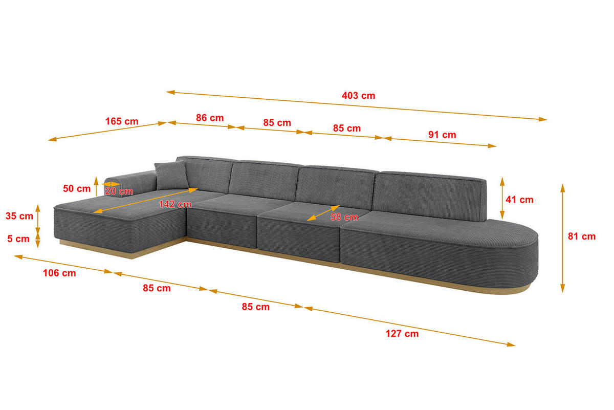 ECKSOFA Ottomane Links IREA-L3-v2 - 403x165x81 cm Duneklgrau - Dunkelgrau, Holzwerkstoff/Textil (403/165cm) - ALTDECOR