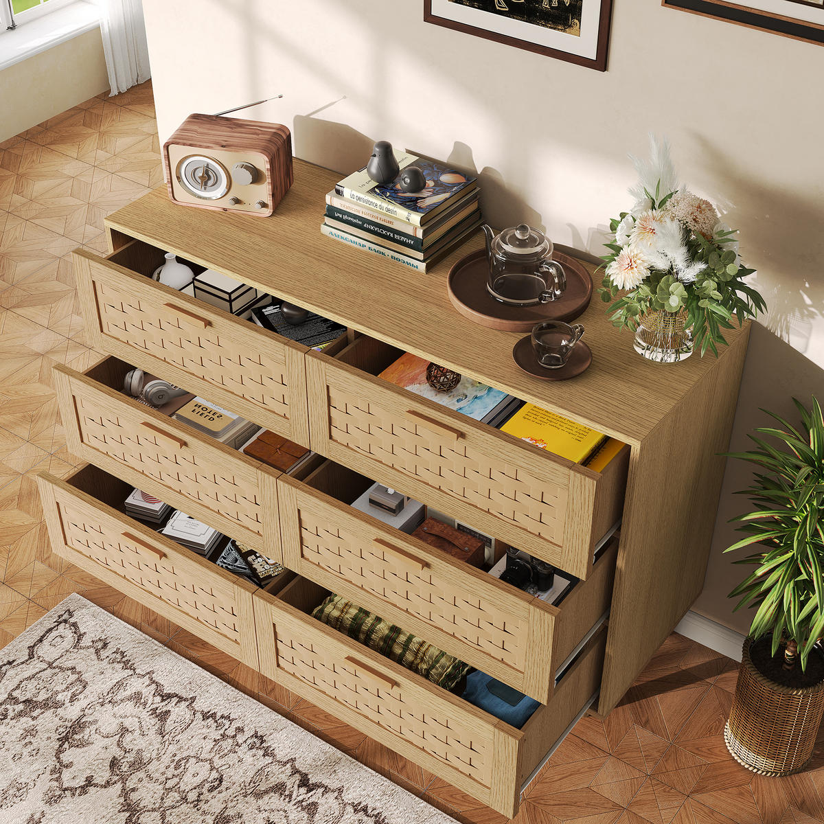 SIDEBOARD 115x40x80 cm Rattan 6 Schubladen Holz - Naturfarben, Holz (115/80/40cm) - LEBENLANG