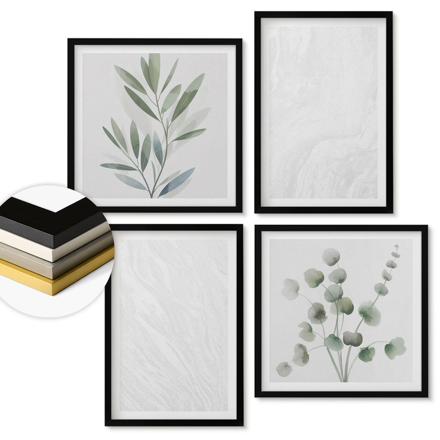 WANDBILDER 4er-Set - 50x50 cm & 40x60 cm Schwarzer Rahmen - Marmorstruktur, pastellfarbene Zweige - Schwarz, Kunststoff (50/50cm) - ArtPrintCave