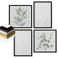 WANDBILDER 4er-Set - 50x50 cm & 40x60 cm Schwarzer Rahmen - Marmorstruktur, pastellfarbene Zweige - Schwarz, Kunststoff (50/50cm) - ArtPrintCave