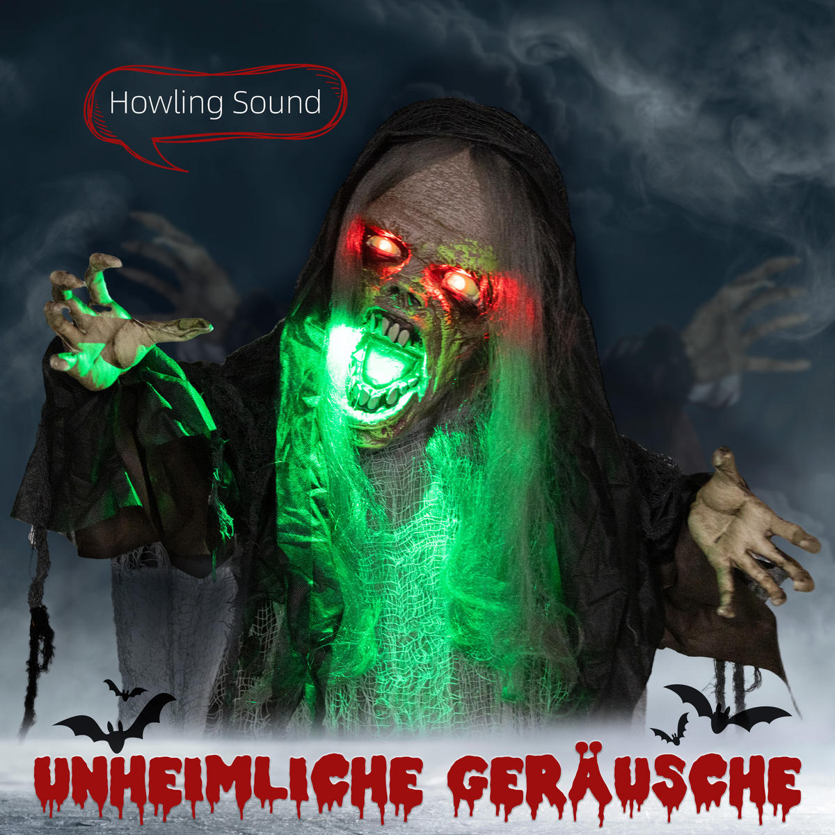 HALLOWEEN DECORATIONS 183cm Hängendes Monster mit grün LED-Lichter, Soundfunktion - Schwarz, Kunststoff/Metall (70/183/18cm) - HOMCOM
