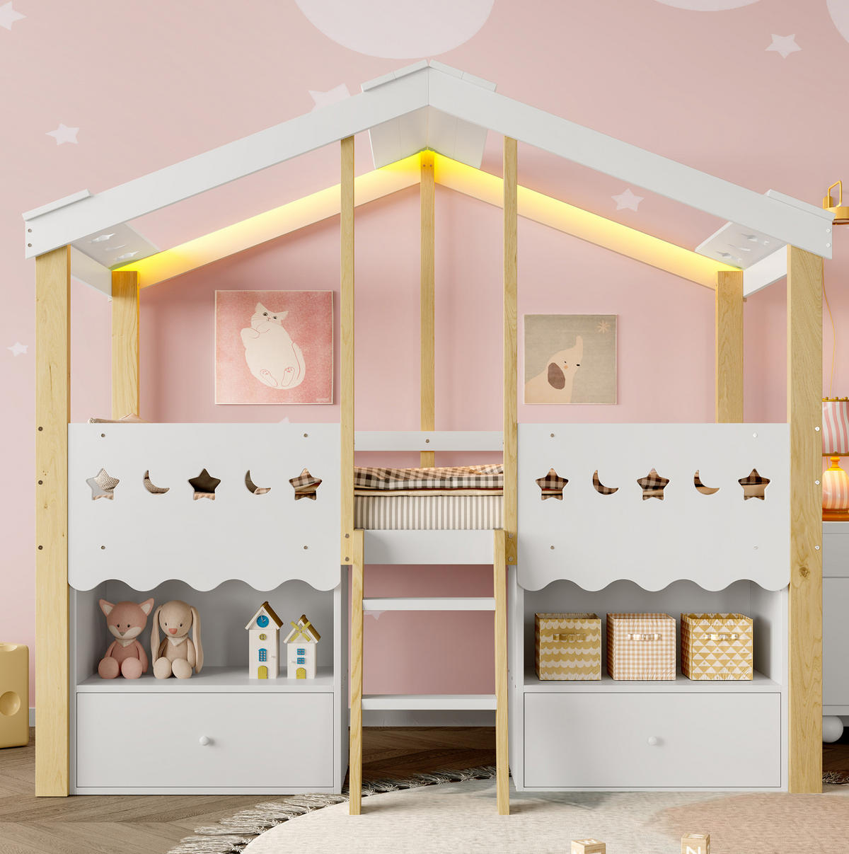 HOCHBETT 90/200 cm Weiß/Natur aus Kiefernholz mit LED-Beleuchtung und Stauraum - Weiß, Holz (90/200cm) - OKMYHOME