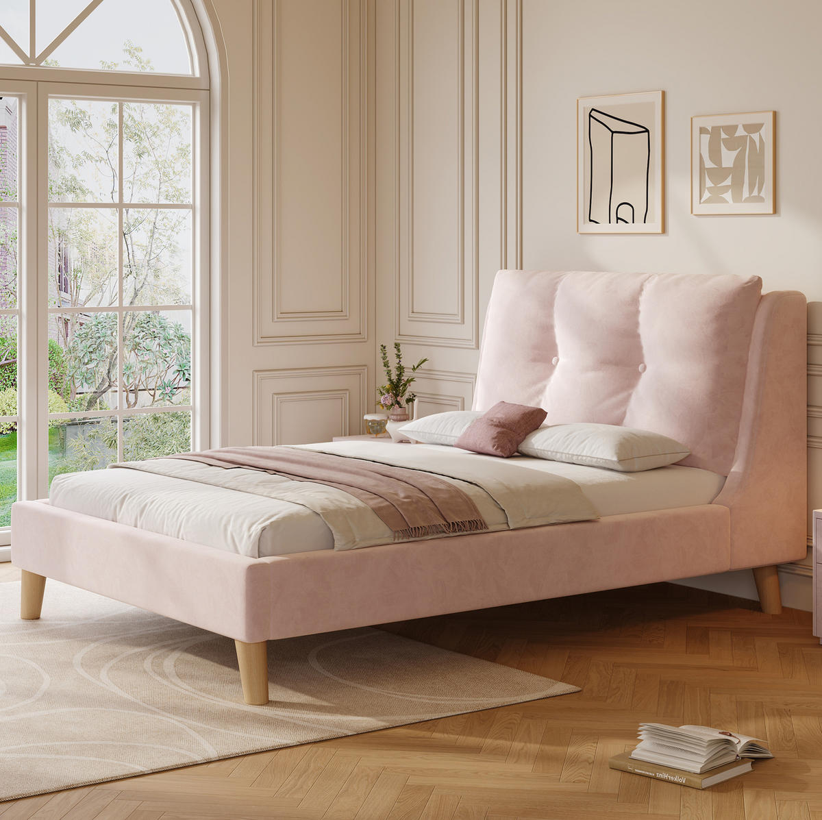 KINDERBETT 90/200 cm mit Lattenrost, höhenverstellbarem gepolstertem Kopfteil und Massivholzbeinen aus Samt, Rosa - Rosa, Textil (90/200cm) - Redom