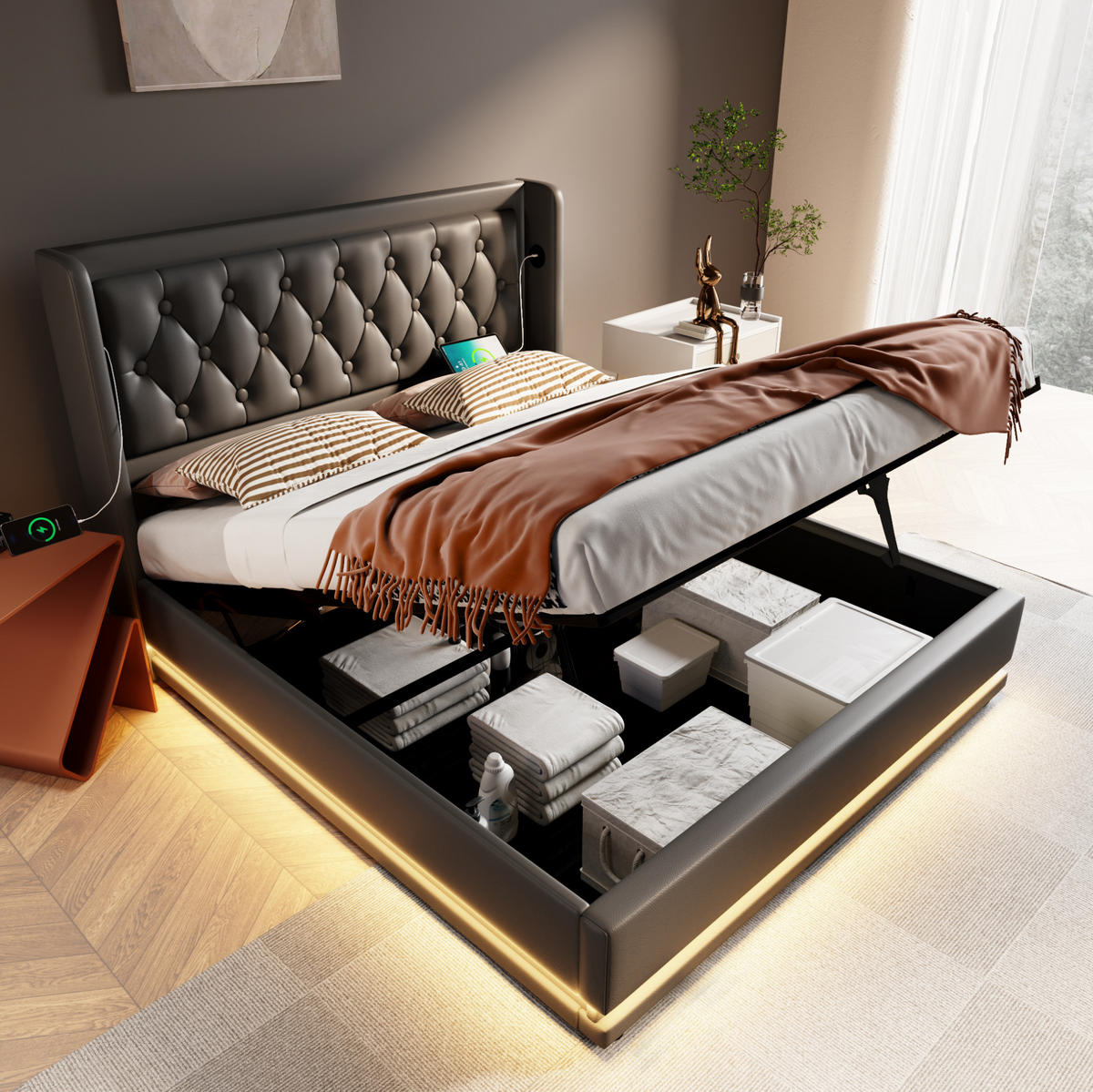 BETT mit Stauraum, LED und USB/Typ-C 140x200 cm PU Schwarz inkl. Matratze - Schwarz, Metall (140/200cm) - Meubliv