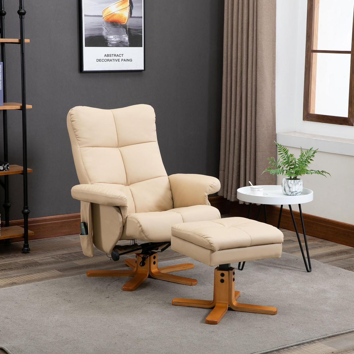 RELAXSESSEL mit Liegefunktion Massagesessel mit Fußhocker Polyester Cremeweiß - Creme, Leder/Holz (86/99/80cm) - HOMCOM