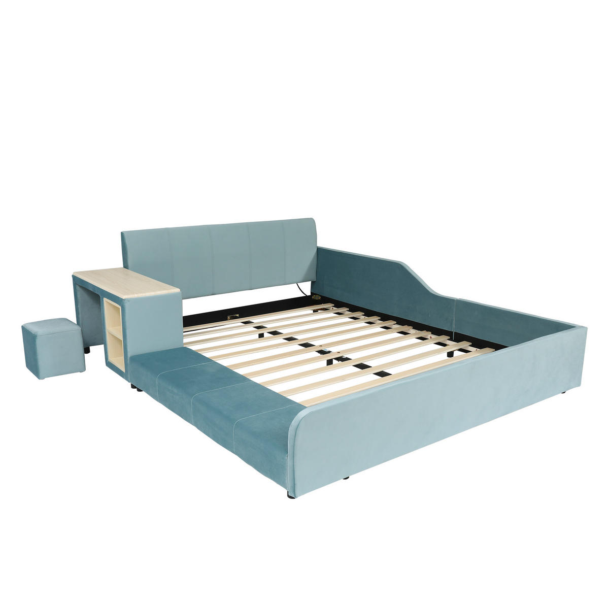 POLSTERBETT 140/200 cm in Blau & Natur mit Schreibtisch, Hocker und Ablageboden Samt - Blau, Holzwerkstoff/Textil (140/200cm) - CHICFURN