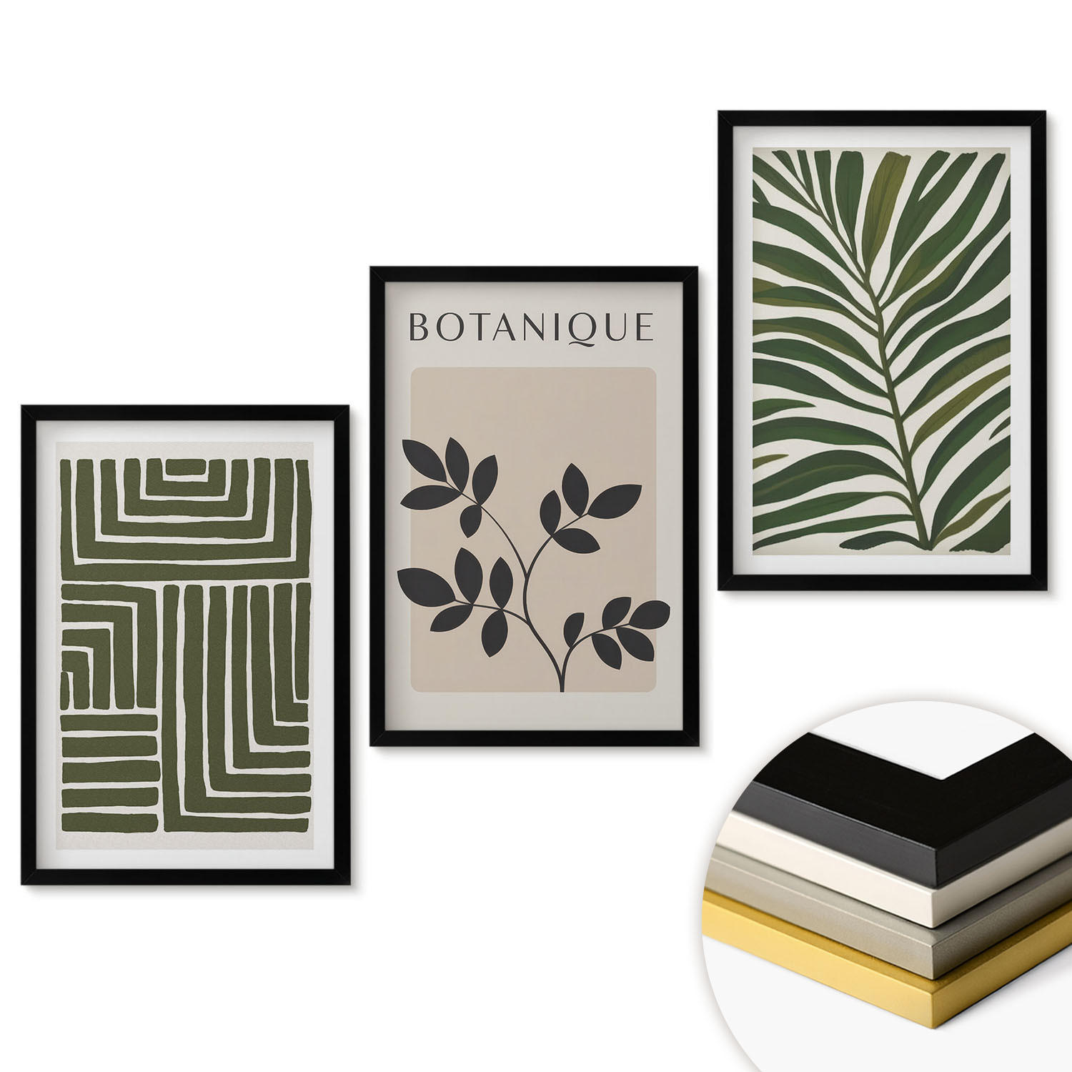 WANDBILDER 3er-Set - 40x60 cm Schwarzer Rahmen - Botanischer Boho-Minimalismus - Schwarz, Kunststoff (40/60cm) - ArtPrintCave