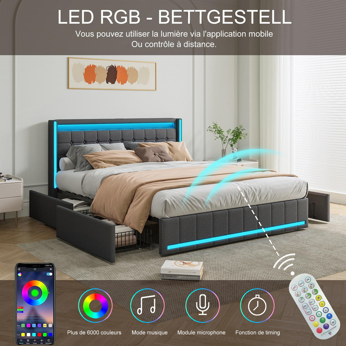 POLSTERBETT 140x200 cm aus Leinenstoff - Kopfteil mit LED und USB-C - 4 integrierte Schubladen - Ideal für Schlafzimmer oder Gästezimmer - Grey - Grau, Holzwerkstoff (140/200cm) - Brevoria