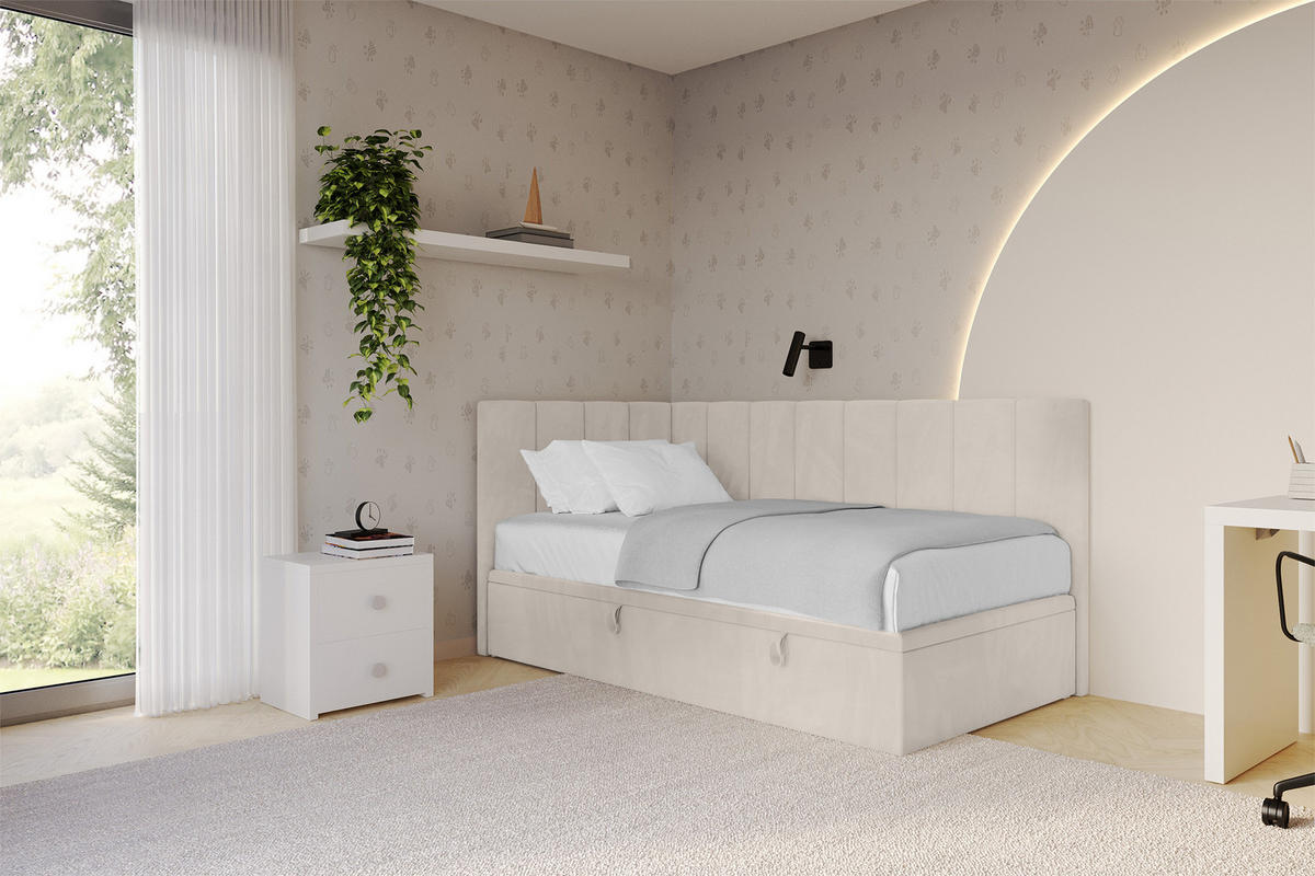 EINZELBETT Jugendbett mit Bettkasten Rechts, mit Matratze - LOVY 90x200 Beige - Beige, Holzwerkstoff/Textil (90/200cm) - ALTDECOR
