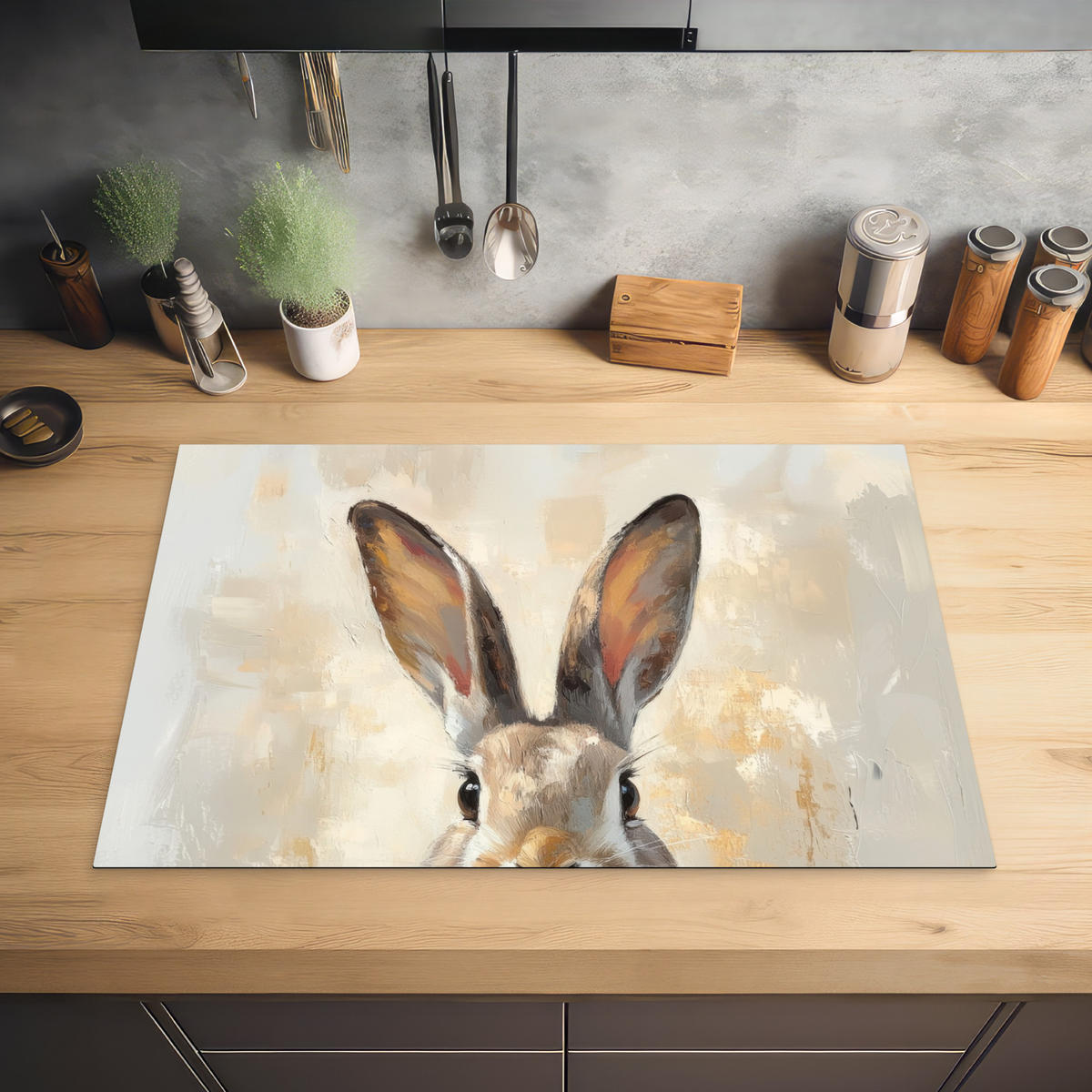 HERDABDECKPLATTE Hase - Ohren - Braun Ceranfeldabdeckung 76x51.5 cm - Beige, Kunststoff (76/51.5/0.2cm) - MuchoWow