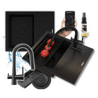 SPÜLBECKEN-SET Bello Schwarz 4-tlg. 570/470 mm Granit 1 Becken 3-Wege-Armatur Siphon - Schwarz, Stein (57/47/20cm) - Granitan