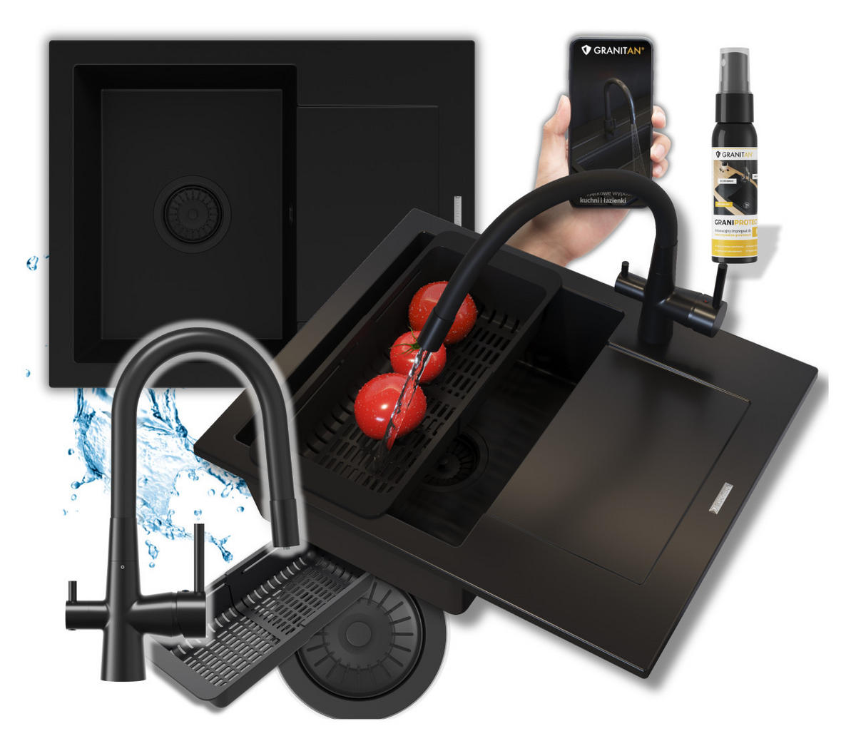 SPÜLBECKEN-SET Bello Schwarz 4-tlg. 570/470 mm Granit 1 Becken 3-Wege-Armatur Siphon - Schwarz, Stein (57/47/20cm) - Granitan