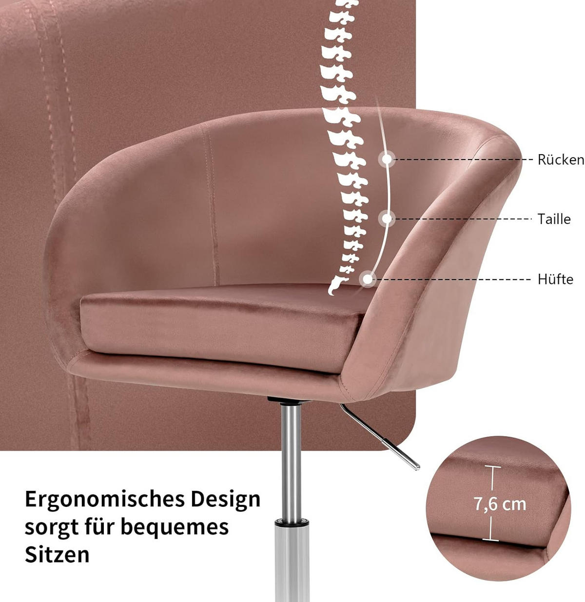 ESSZIMMERSTUHL Samt Drehsessel Pink - Pink, Metall (52/86/61cm) - COSTWAY