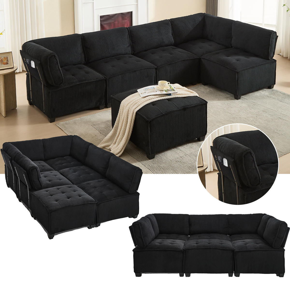 WOHNLANDSCHAFT Cord mit Seitentaschen 308/154/82 cm Schwarz - Schwarz, Kunststoff/Textil (154/82/308cm) - Redom